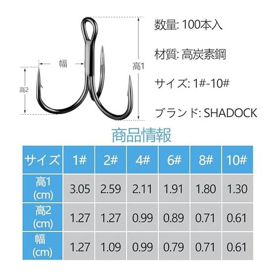 100 Pieces Triple Hook Lure Needle Round Three Hooks Black 1# 2# 4# 6# 8# 10# Set