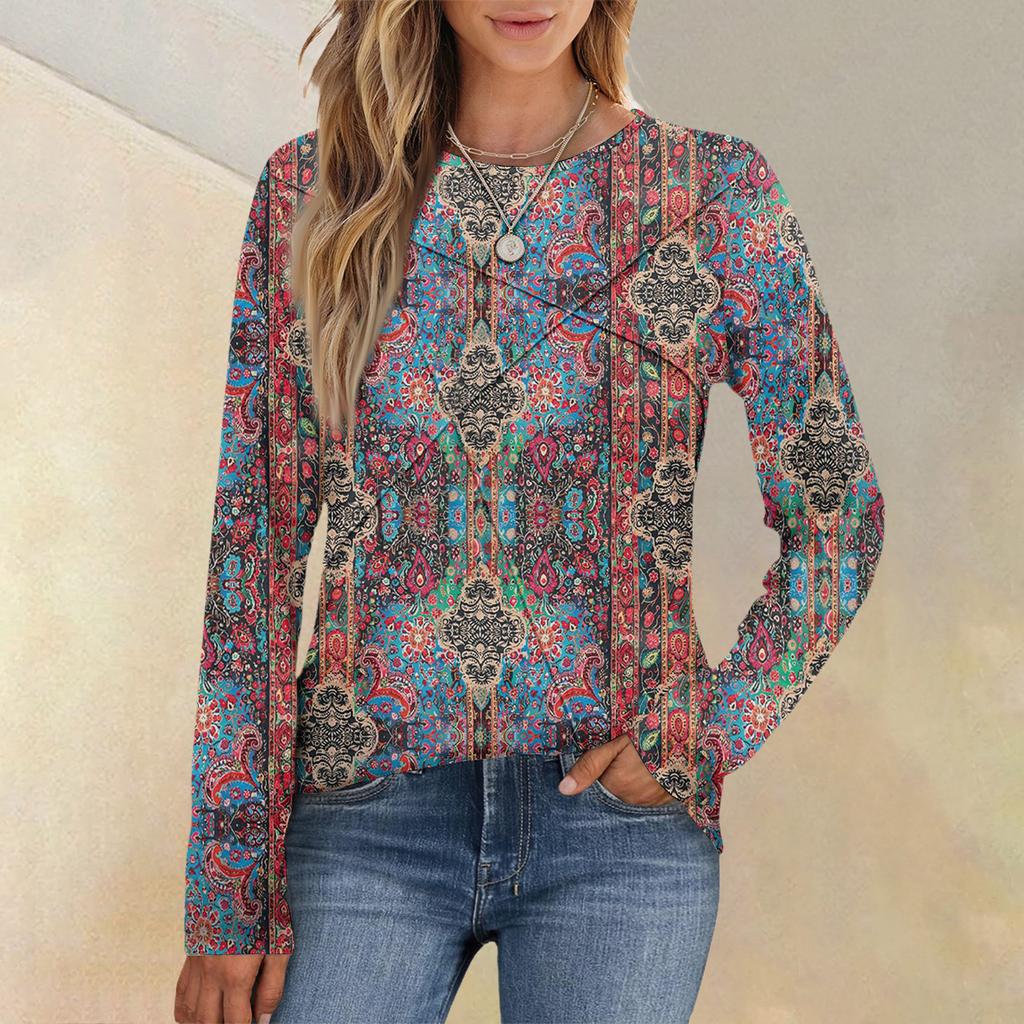 Módní dámský top s dlouhým rukávem, kulatým výstřihem, ležérní, plisovaný, retro geometrický potisk, volný