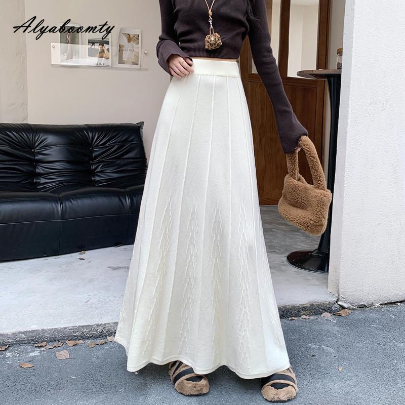 Elegancka Moda Jesień Zima Damska Długa Spódnica Maxi Plisowana Elastyczny Pas Beżowa Czarna Dzianinowa Spódnica Dzianinowa Gruba Ciepła Podstawowa Spódnica Damska