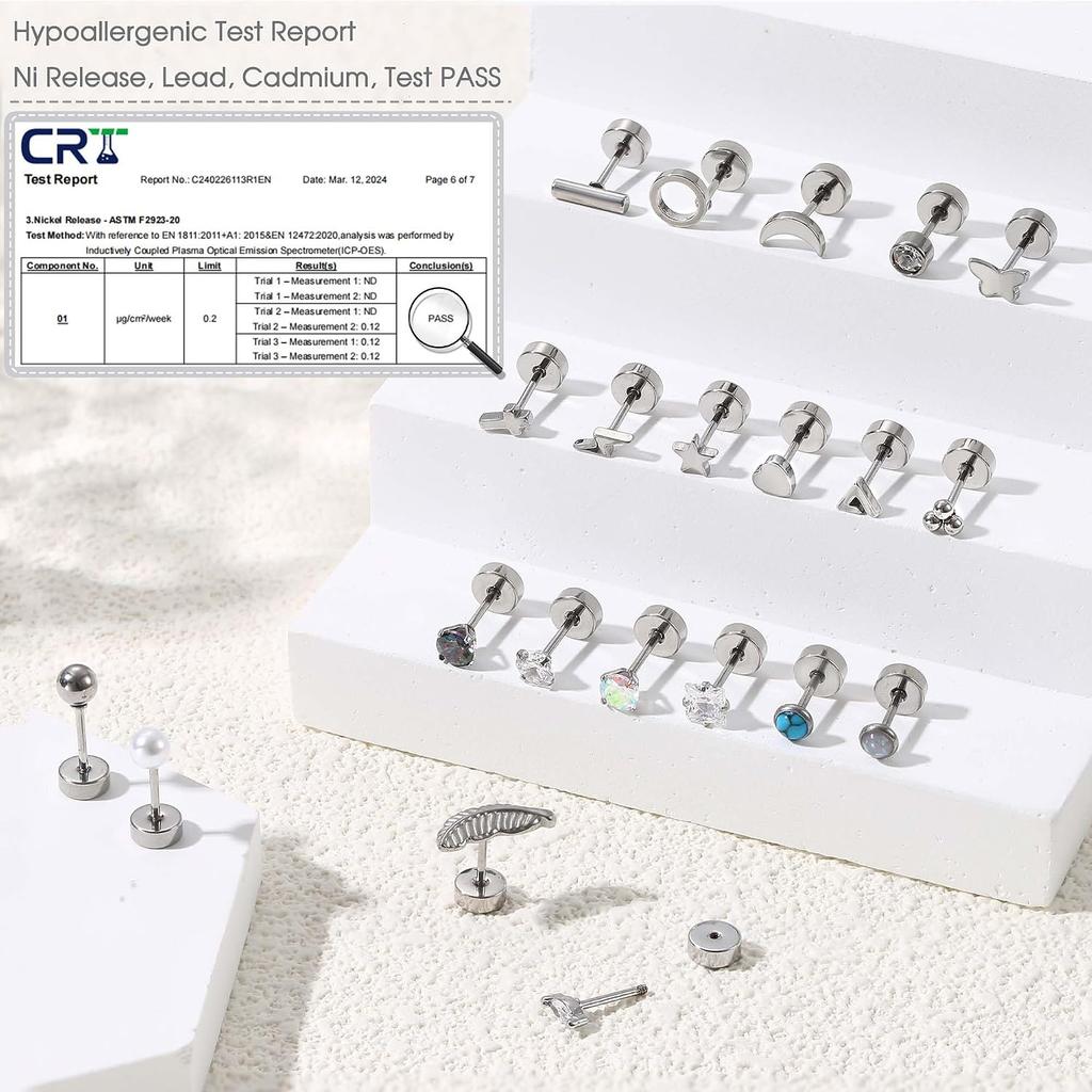 Jstyle 21Pairs Flat Back Earrings for Women Hypoallergenic Studs Set | Surgical Steel Flatback Earrings,Small CZ Star Moon Ball Pearl Earrings