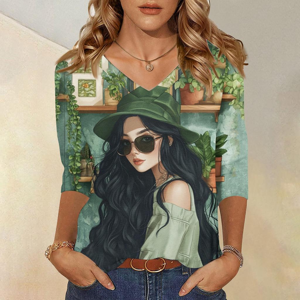 Women's Tops Three-quarter Sleeve Shirt V-neck Loose Casual Shirt Character Printed T-shirt