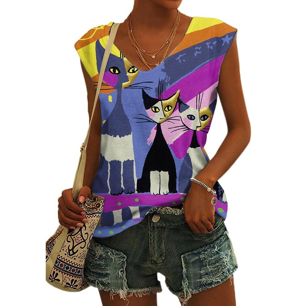 Women's Sleeveless T-shirts 3d Abstract Cat Print Vest Loose V-Neck T-shirts & Blouse Summer Breathable Basic Tops Tees