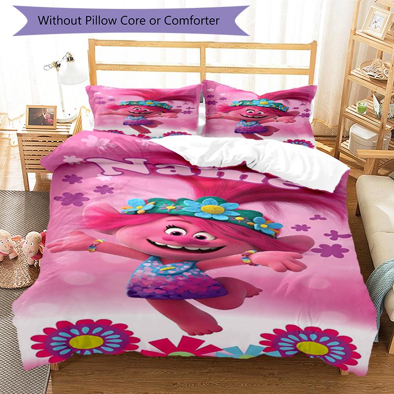3pcs Custom Name Trolls Bedding Set Duvet Cover Closure Includes 1 Duvet Cover & 2 Pillowcases, Soft and Comfortable for All Seasons.