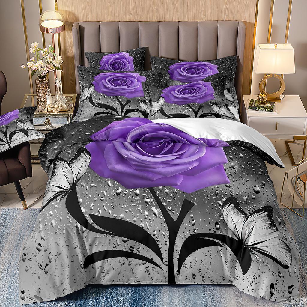 Three-Piece Rose Floral Style 3D Printed Quilt Cover Home Textile Bedding Kit