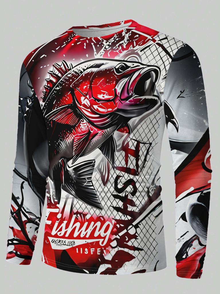 T-shirt a maniche lunghe da uomo per la pesca al basso con grafica 3D Rossa Nera Girocollo Casual Streetwear Tee abbigliamento club di pesca