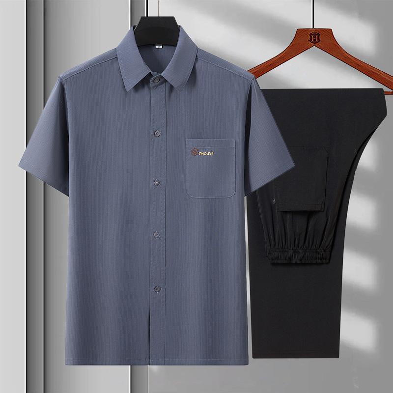 Herren Sommer Dünnes Hemd Kurzarmhemd Locker Eis Seide Leinen Anzug