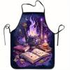 1pc Halloween Witchcraft Apron Magical Potion Spellbook Design with Cauldron, Open Book Deep Purple & Navy Blue Gothic Kitchen