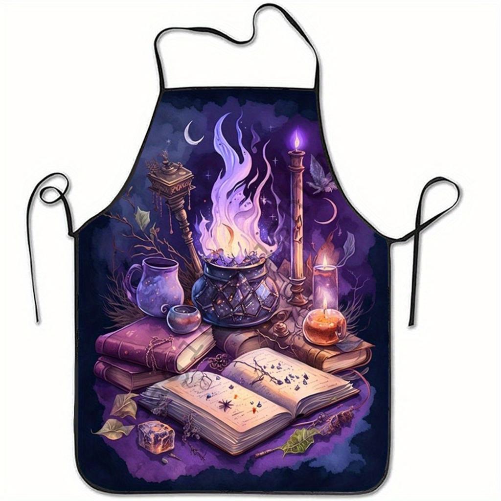 1pc Gothic Witchcraft Apron with Cauldron & Spellbook Design - Deep Purple & Navy Blue Suitable for Baking, Nail Art, Costume Pa