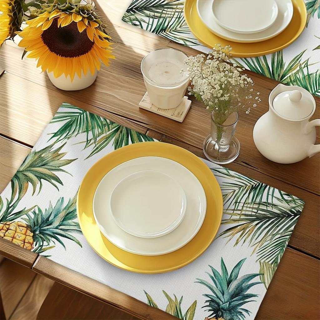 4pcs Pineapple Leaf Illustration Placemats, Durable Polyester Rectangular Table Mats, 12" X 18", Ideal for Dining, Kitchen, Party Decor, Home Accents
