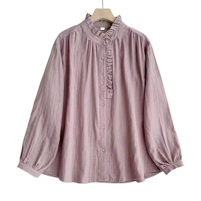 Women's Retro Cotton Linen Slimming Long Sleeve Shirt - Solid Color, Loose Fit for Spring & Autumn.