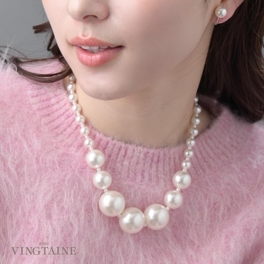 VINGTAINE Pearl Necklace, Gradient Line, Large Pearls, Elegant, for Occasions, Formal Occasions, Receptions, Parties, Weddings, GraduationEntrance