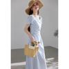 VICTORIA&VERA Gentle Mist Blue French Square Neck Pleated Dress
