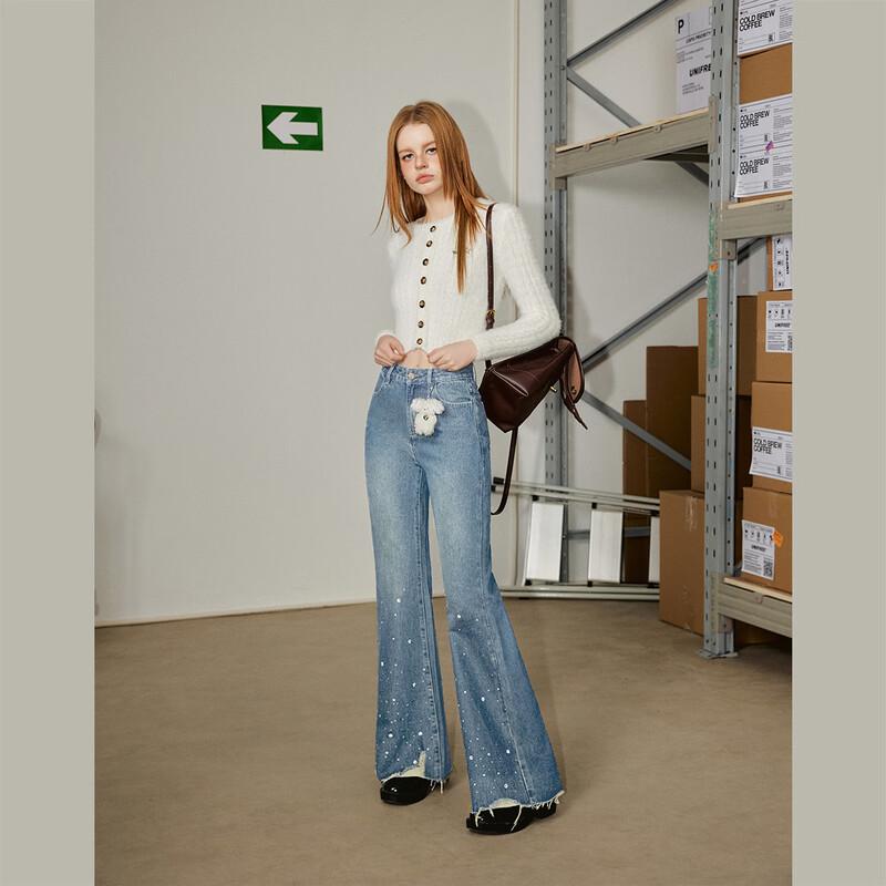 UNIFREE Rhinestone Flared Wide-Leg Jeans