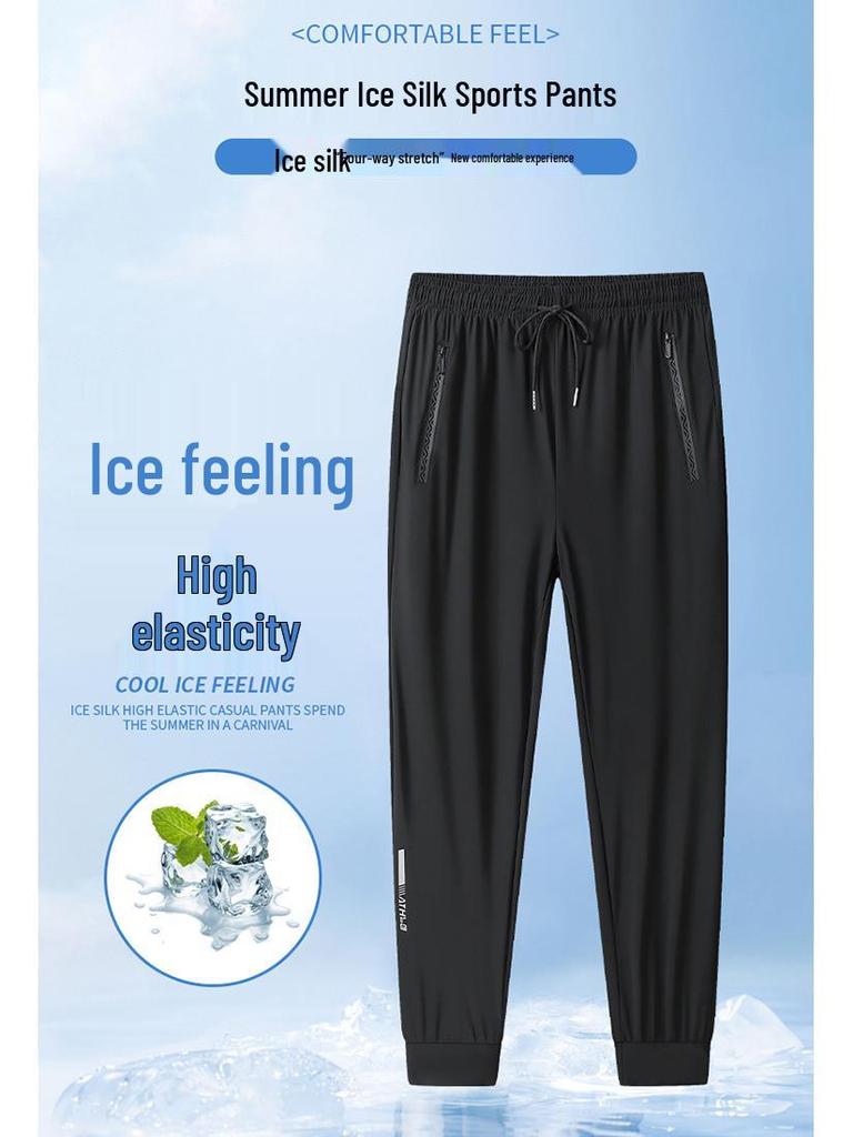 Men's Ice Silk Quick-Dry Pants - Summer, Breathable, High-Elastic, Loose-Fit, Cuffed Sports Trousers