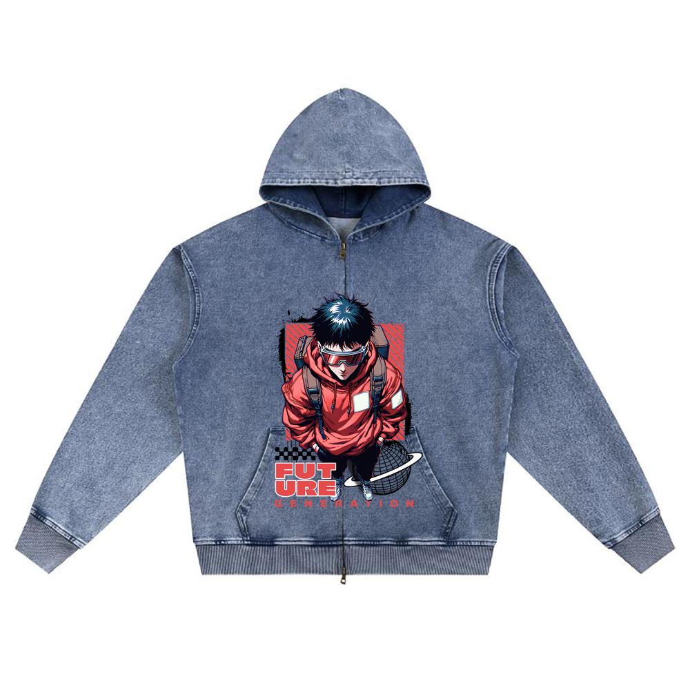 DTG print Knitted Denim Zip-Up Hoodie Future Generation Brother Print Zipper Hoodies  