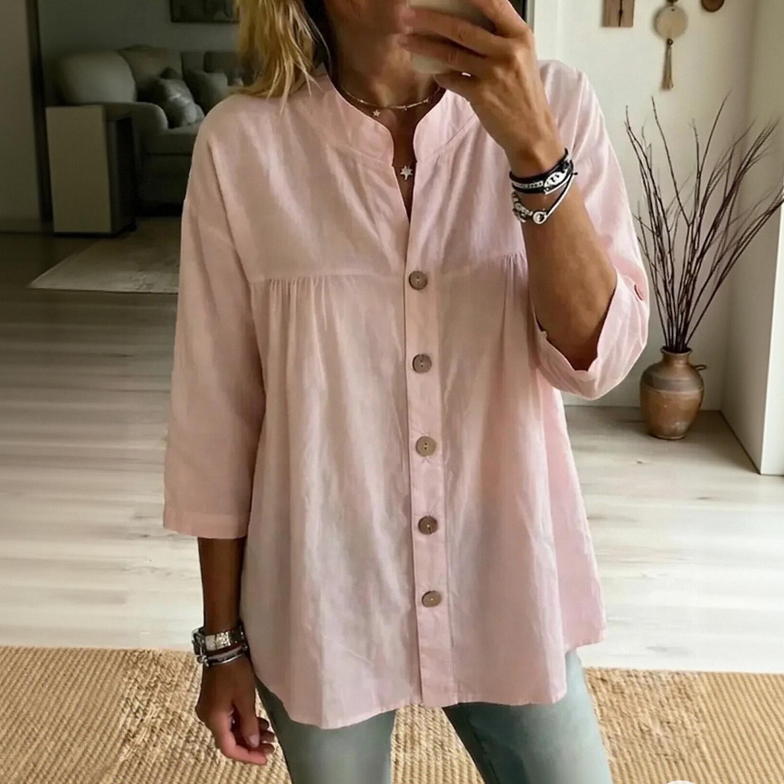 

Women Casual Vintage Style Solid Color Button Down Shirt 3/4 Sleeve Loose Fit Blouse Lightweight Comfortable Fabric XXL розовый