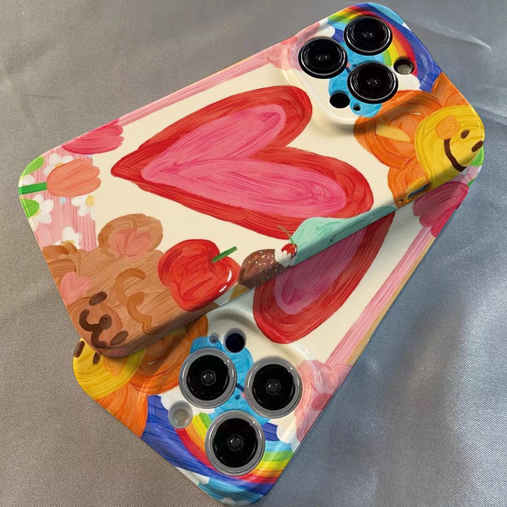 Cartoon Love Heart Pattern Glossy Film Hard PC Phone Case for Oppo A6 A5 A78 A3 A3X A60 A74 A38 A36 A17 A16e A55 Pro 4G 5G