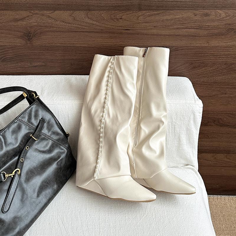 Pants Boots Fashion Leather Boots Fashion Autumn Design Pearl Pointed Heel But Knee Boots
