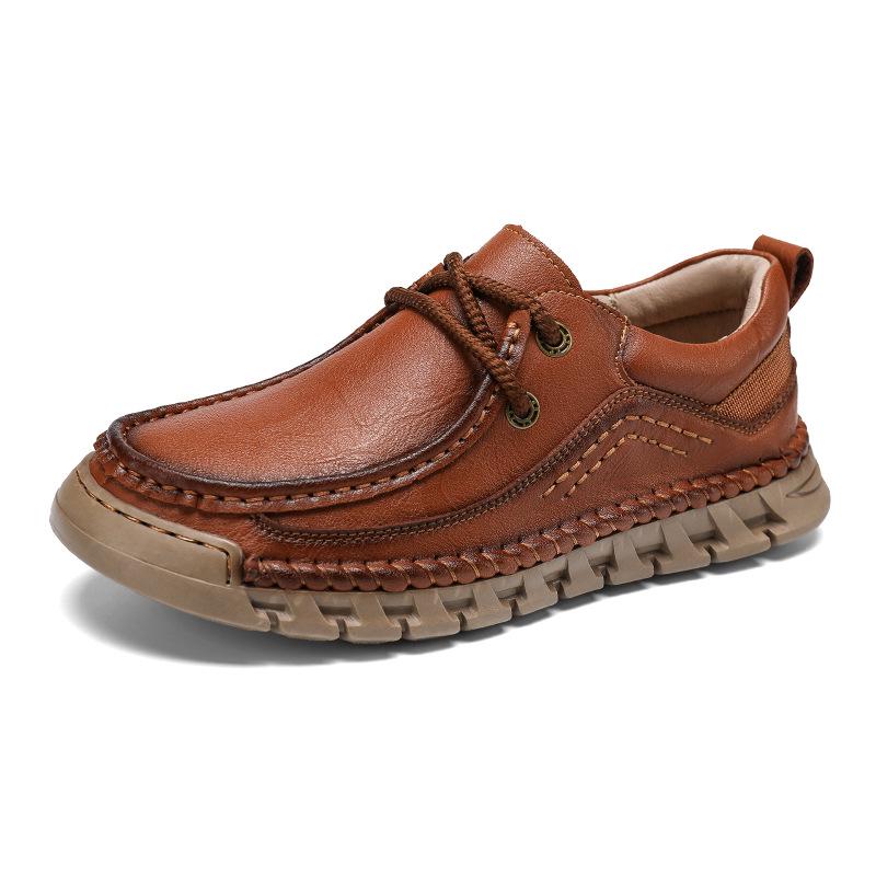 Men's Autumn Hand-Stitched Leather Driving Shoes - Large Size, Low-Top, Lace-Up, Flat Sole