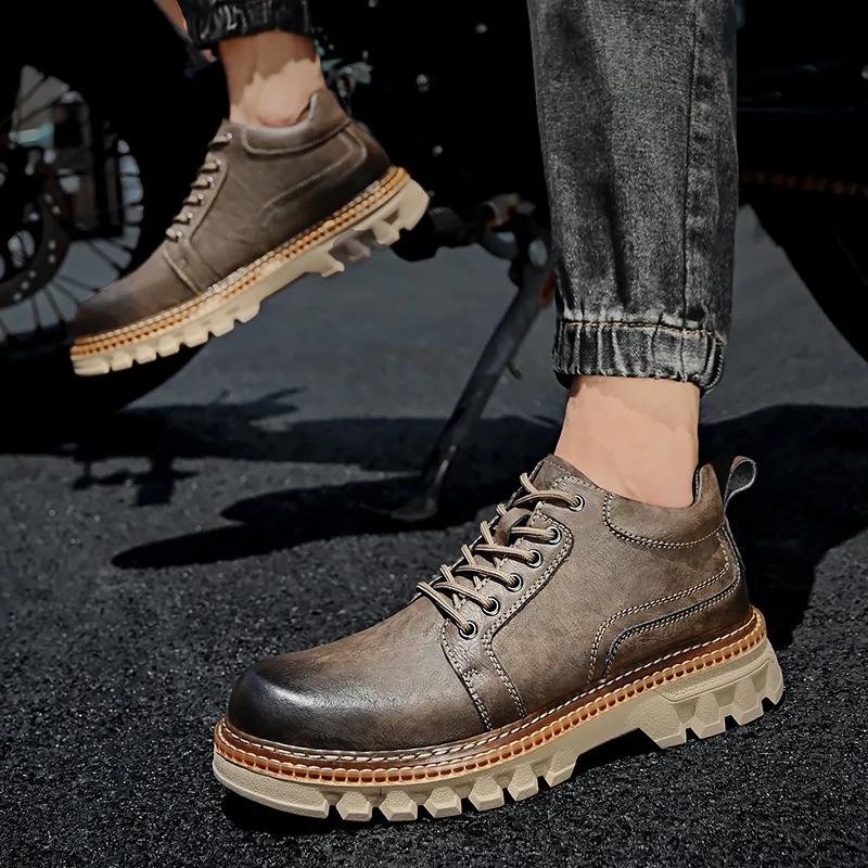 Fashion British Style Platform Work Shoes Men Boots Leather Men Autumn Winter High-top Casual Fashion Platform Plush Warm Boots Man