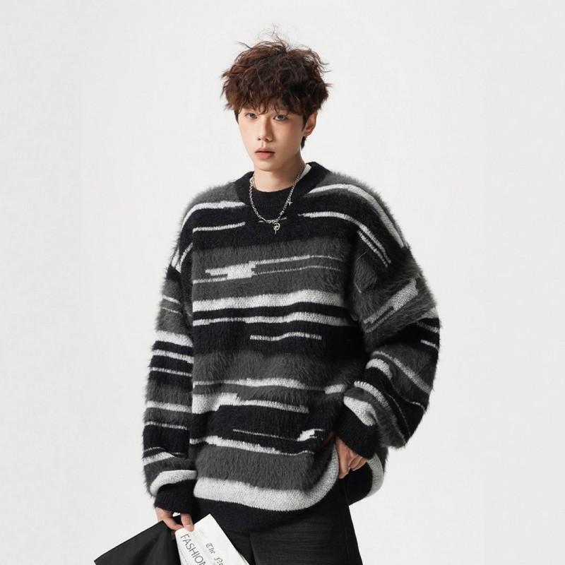 Men Women Striped Knit Sweater Loose Fit Casual Crewneck Pullover Winter