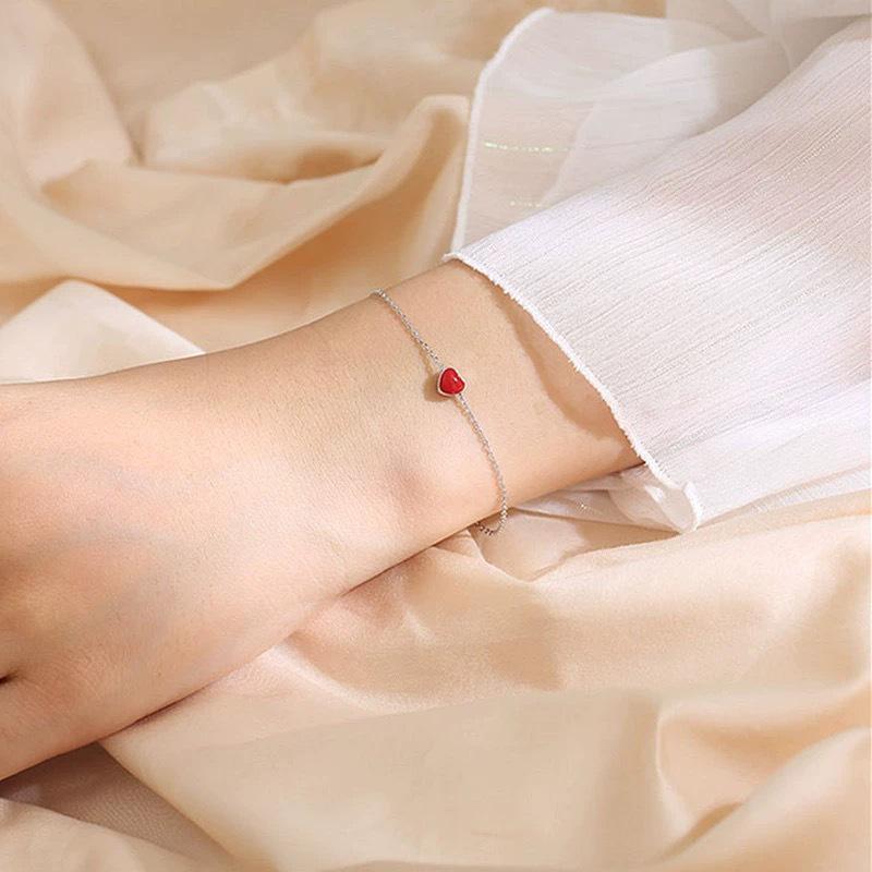 Beixi S925 Sterling Silver Red Heart Bracelet - Korean Style Sweet Peach Heart Women's Jewelry