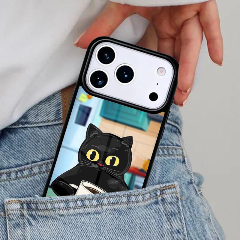 Cute Animal Cat Coffee Phone Case for iPhone 16e 15 14 13 12 17 Pro Max Plus Air 17pro Cover Coque