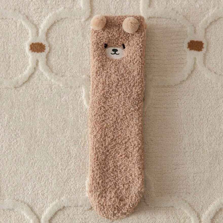 Japanese Coral Fleece Bear Cartoon Mid-Calf Socks - Autumn/Winter, Non-Shedding Sleep Socks