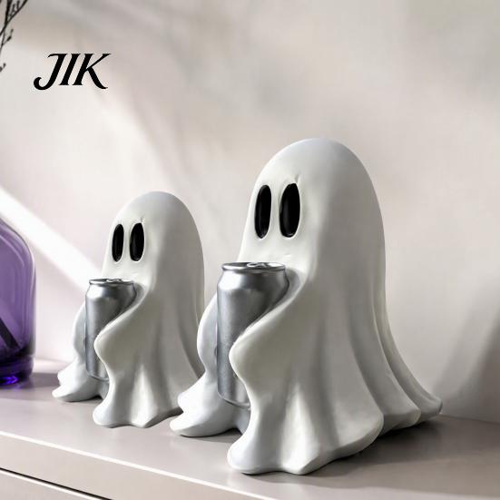 Festive Desk Decorations Halloween Ghost Figurine with Drinks, Resin Statue, Cute Spooky Desktop Small Figures for Gifts Ornament Party Tabletop