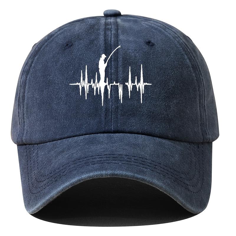 MenS Retro Washed Denim Baseball Cap with Fishing Silhouette  ECG Line Design  AdjustableSoft TopAppropriate for Any Season