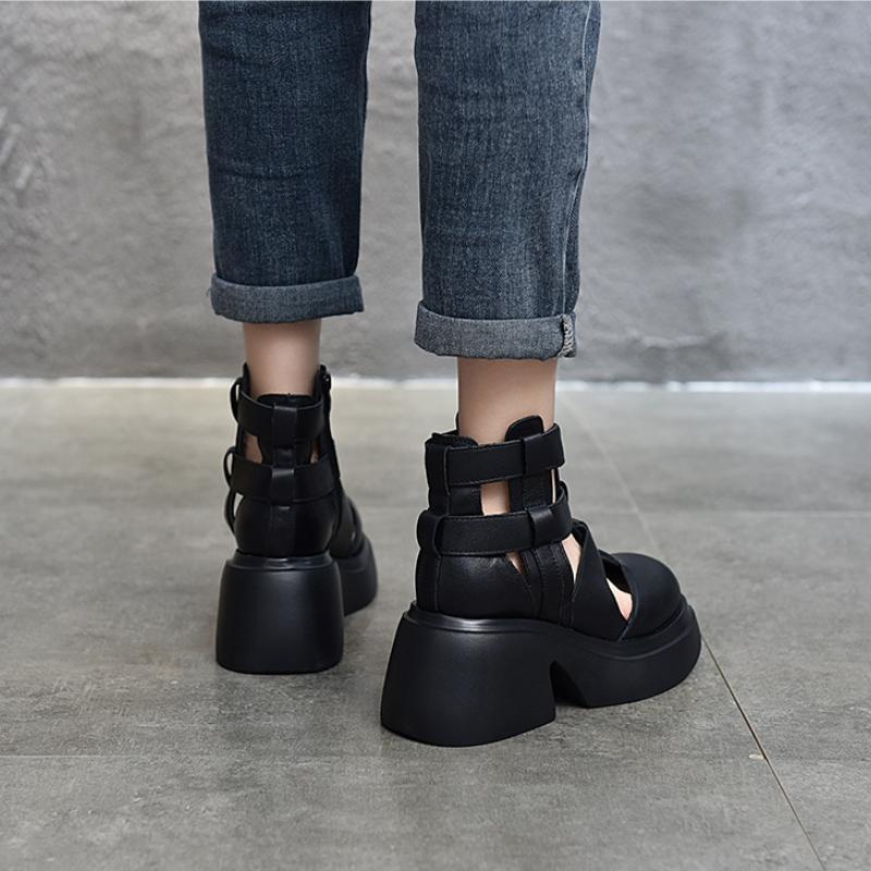 Johnature Retro pravá kůže Silná podrážka s kulatou špičkou Dámské Sandály Vyhloubené Silné vysoké podpatky Římské boty