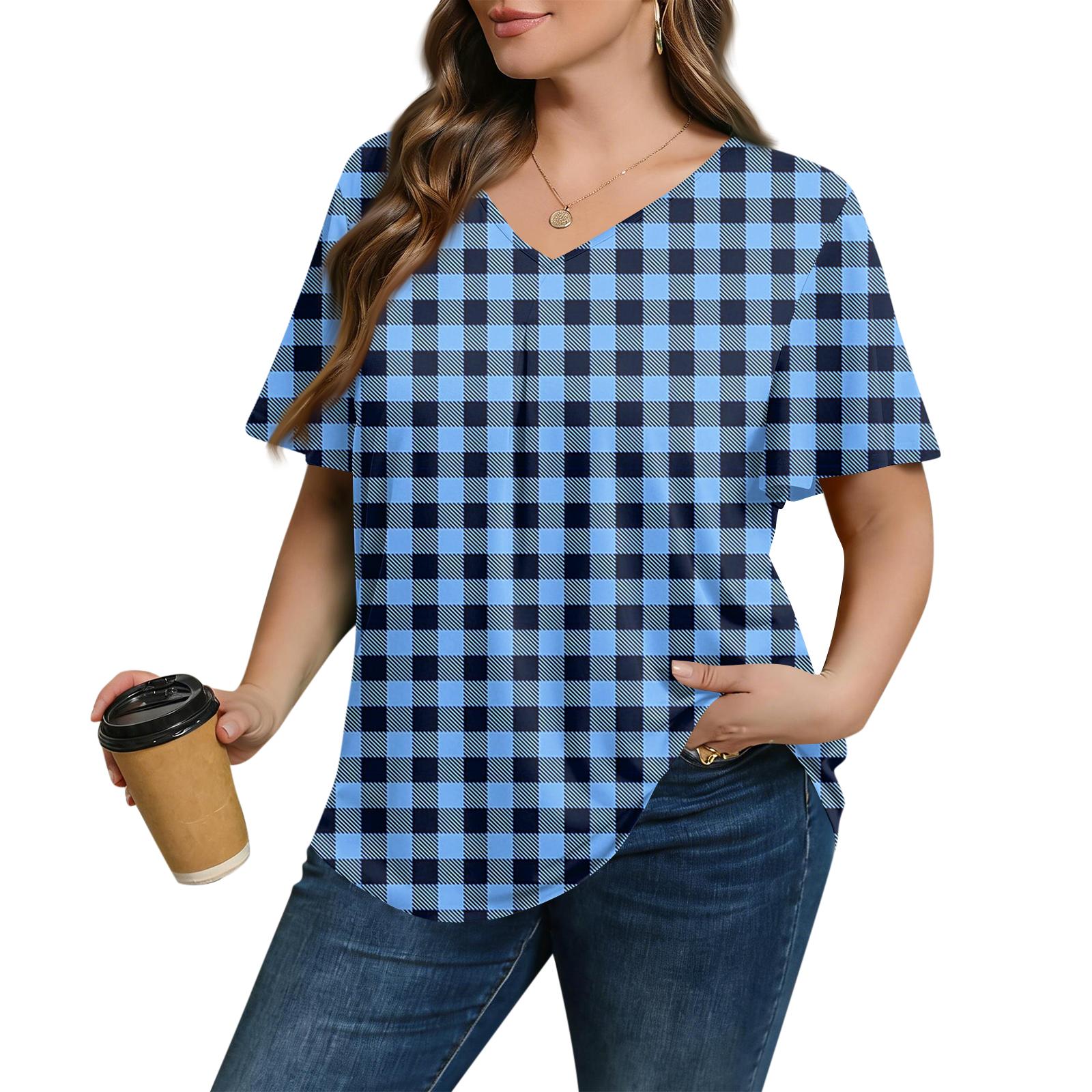 Женская модная повседневная свободная блузка большого размера с коротким рукавом, элегантная с V-образным вырезом, для работы L синий