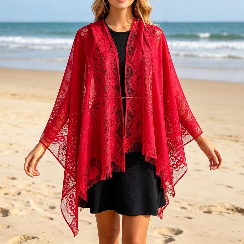 Women's Lace Shawl Fringe Cover Up Hollow Out Sheer Poncho Sun Protection Wrap for Travel Beach Holiday