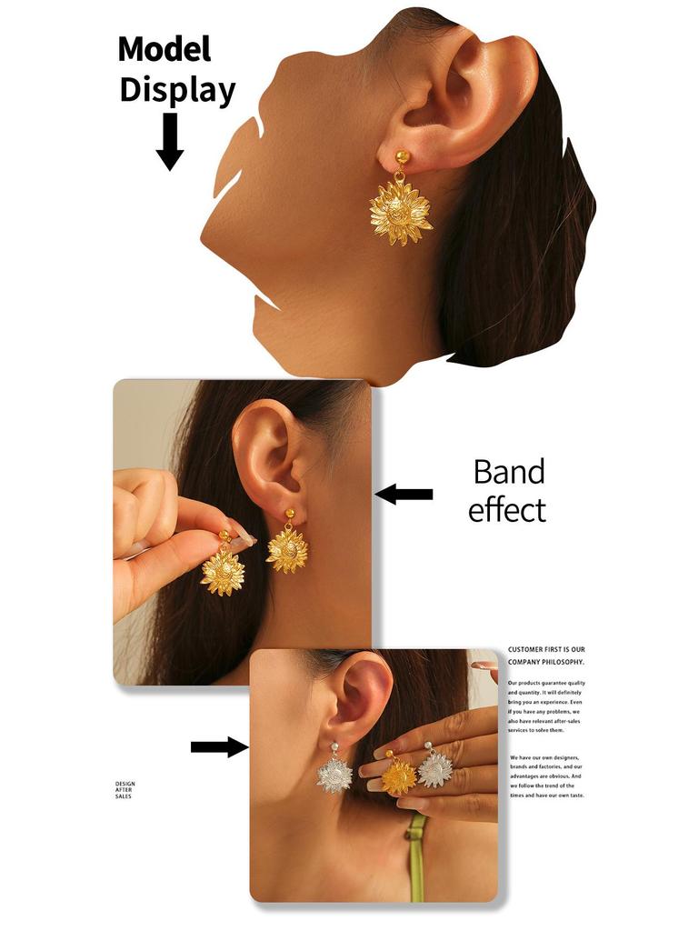 Exaggerated Titanium Steel Sunflower Earrings for Women - Retro High-End Studs