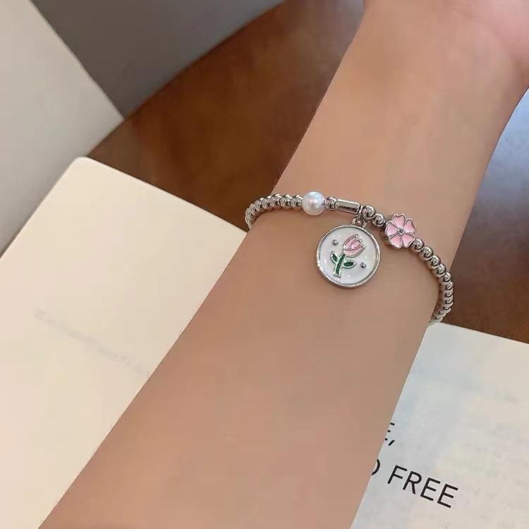 Pink Elegant Tulip Flower Bracelet For Women Highend Geometric Design Summer 2024