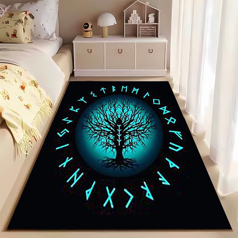 Spiritual Area Rug, Yggdrasil World Tree Viking Runes Circle Blue Poster, Living Room Decor, Non-Slip Mat