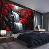 2D Red Maple Forest Waterfall Mystic Aesthetic Wall Tapestry Decor