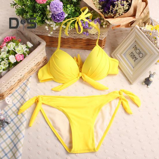 2Pcs/Set Sexy Bikini Set Halter Push-Up Solid Color Bra High Waist Swimming Briefs Set Bowknot Decoration Beachwear