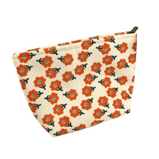 Flower Print Corduroy Cosmetic Bag Large Capacity Portable Smooth Zipper Multifunctional Travel Toiletry Makeup Lipstick Coins Phone Storage Pouch