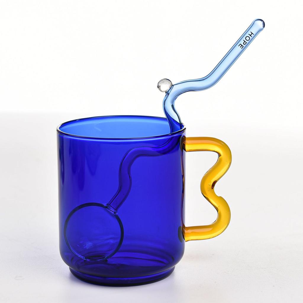 Creative Color Glass Water Cup with Handle Breakfast Milk Cup Heat Resistant High Borosilicate Cup Drinking Glasses Spoon Cups
