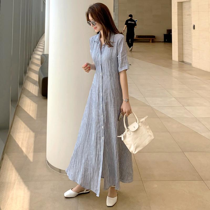 

Новое платье-рубашка в полоску с короткими рукавами из хлопка и льна для женщин в корейском стиле, свободная льняная длинная юбка большого размера со шнуровкой на талии XL