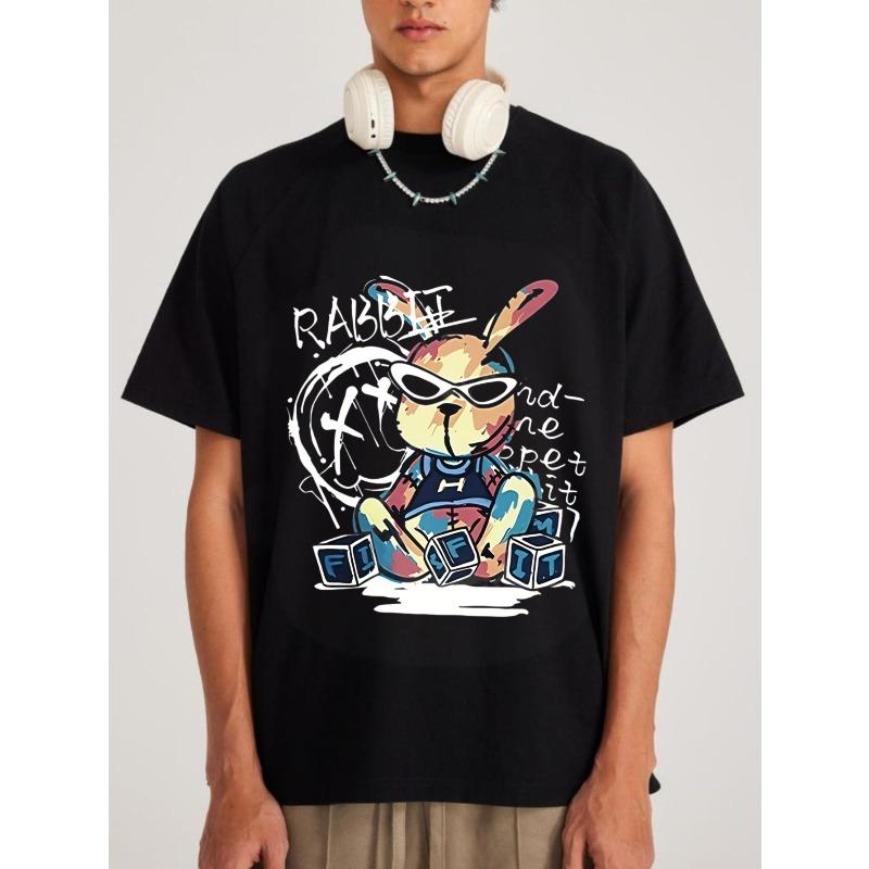 Men's Black T-Shirt Rabbit Cartoon Print With Sunglasses And Cubes Graphic Streetwear Casual Wear