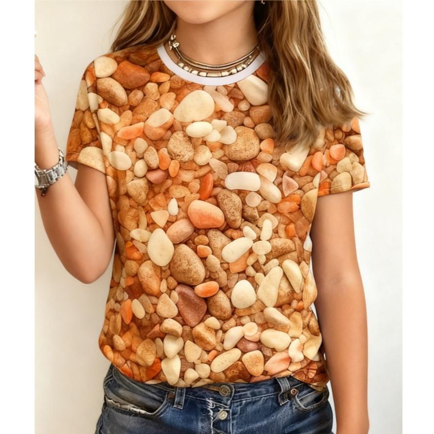 Children's Cute Multicolor Stone 3D Printing T-shirts Girls Fashion Soft Comfortable T-shirts Kids Top