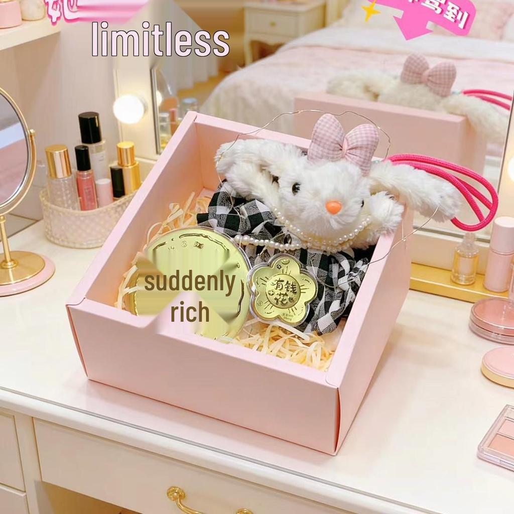 Golden Rich Long-Eared Rabbit Plush Doll with Bow and Princess Skirt - Valentine's Day Charm