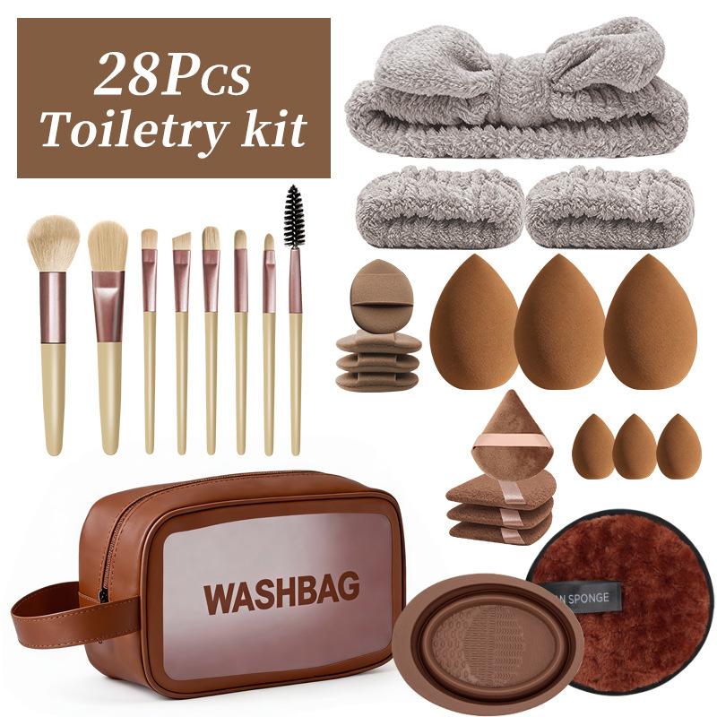 28pcs Custom Luxury Toiletry Kit Makeup Brush Set Washbag Headband Wristband Blending Sponge Powder Puff Synthetic Bristle Gift