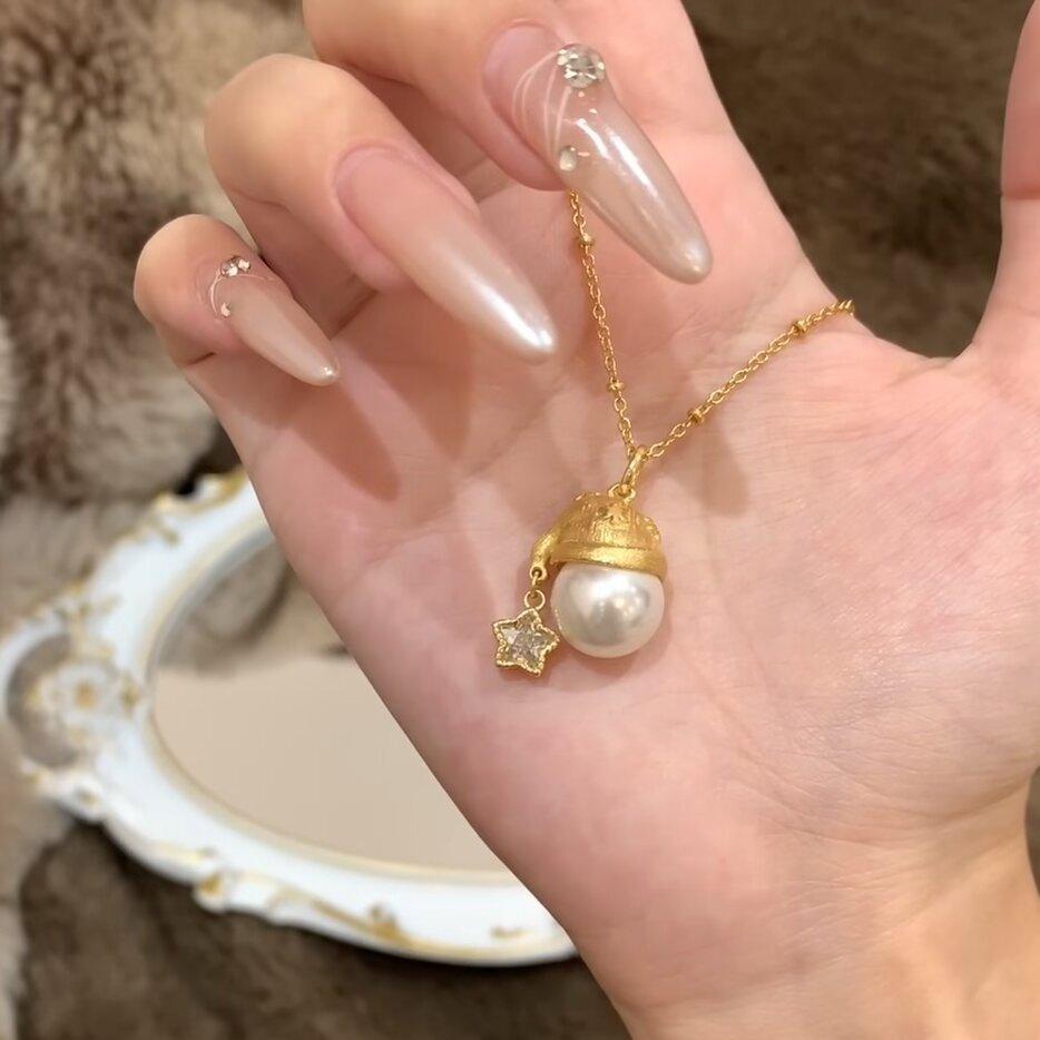 Ambience Golden Christmas Hat Pearl Pendant Necklace Stud Earrings Female Gentle Sweet Versatile Neck Chain Sweater Chain