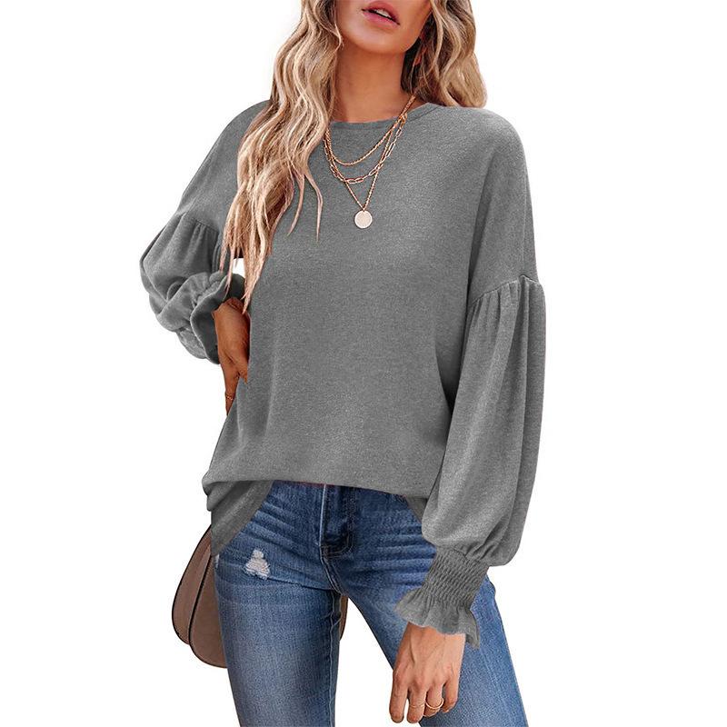 Women's Plus Size Tops Autumn Round Neck Ruffled Lantern Sleeve Pullovers