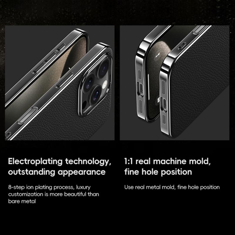 For iPhone 16 Pro Case Electroplating Genuine Cow Leather+PC Drop Resistance Phone Cover