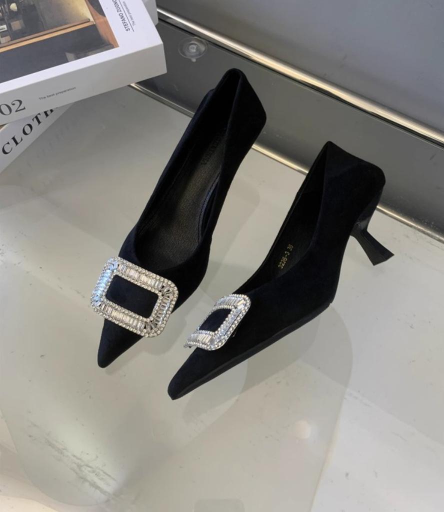 Designer Retro Women Pumps Fashion Rhinestone Buckle Pointed High Heels Dress Stiletto Wedding Party Commuting Shoes for Ladies