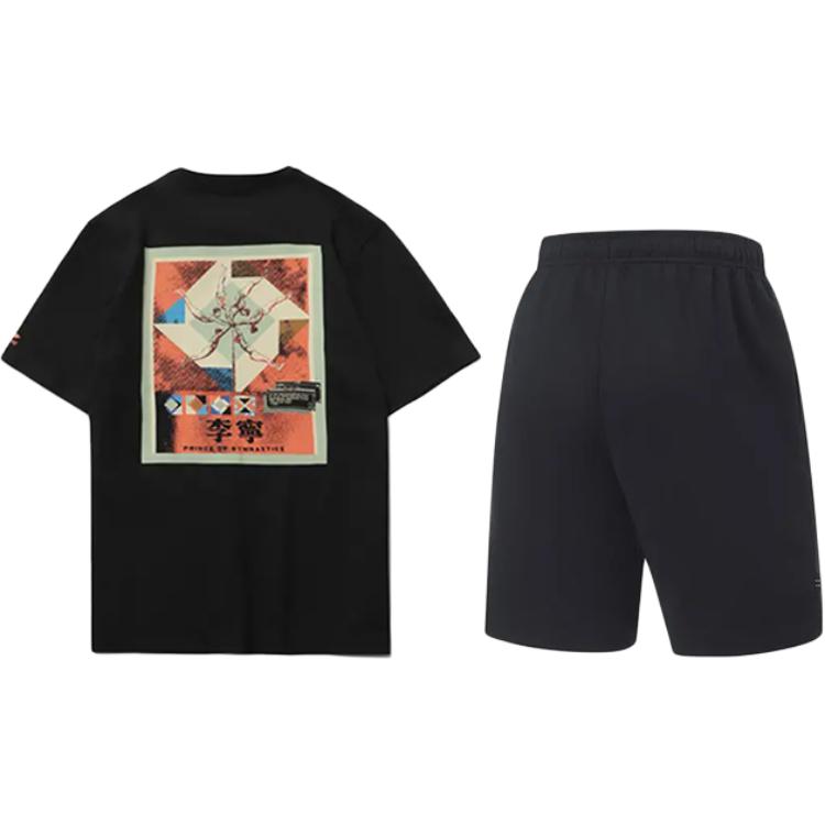 Li Ning Flower Theme Printed Round Neck Pullover Short Sleeve T-Shirt Comfortable Versatile Fashion Shorts Casual Sports Set AHSU971-1+AKST543-3